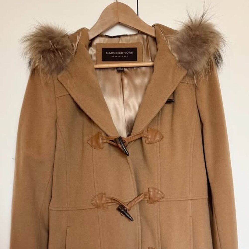Andrew Marc Camel Fur Hood Toggle Coat Size M
